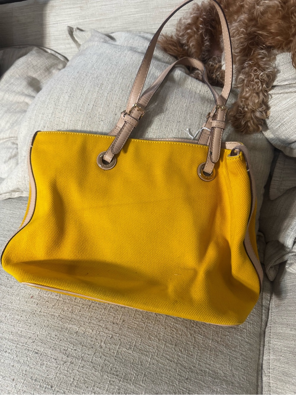 Michael Kors Mustard Canvas Tote with Tan Leather Straps - Picture 2 of 13